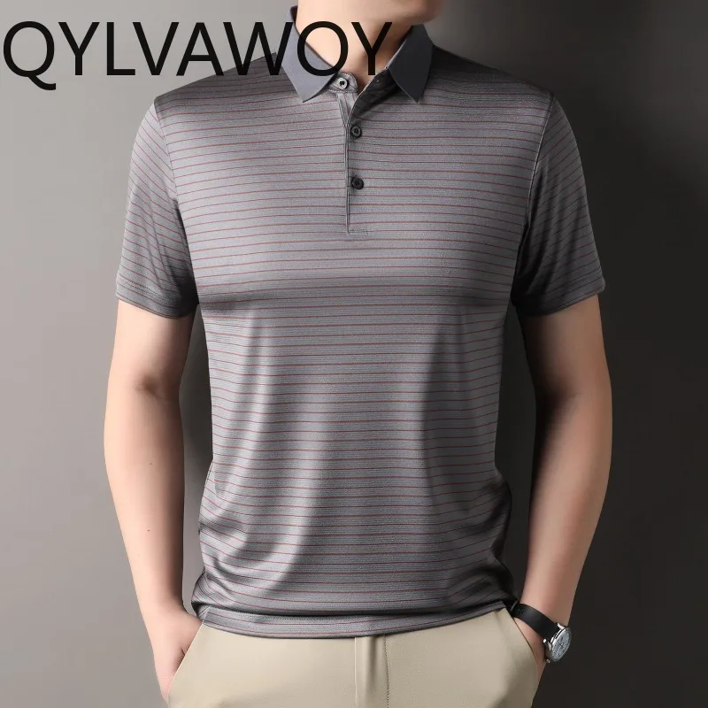 QYLVAWOY Men's Striped Short Sleeve Polo Shirt 4.8% Mulberry Silk Blend Tshirts Wrinkle Resistant Business Casual Summer Top