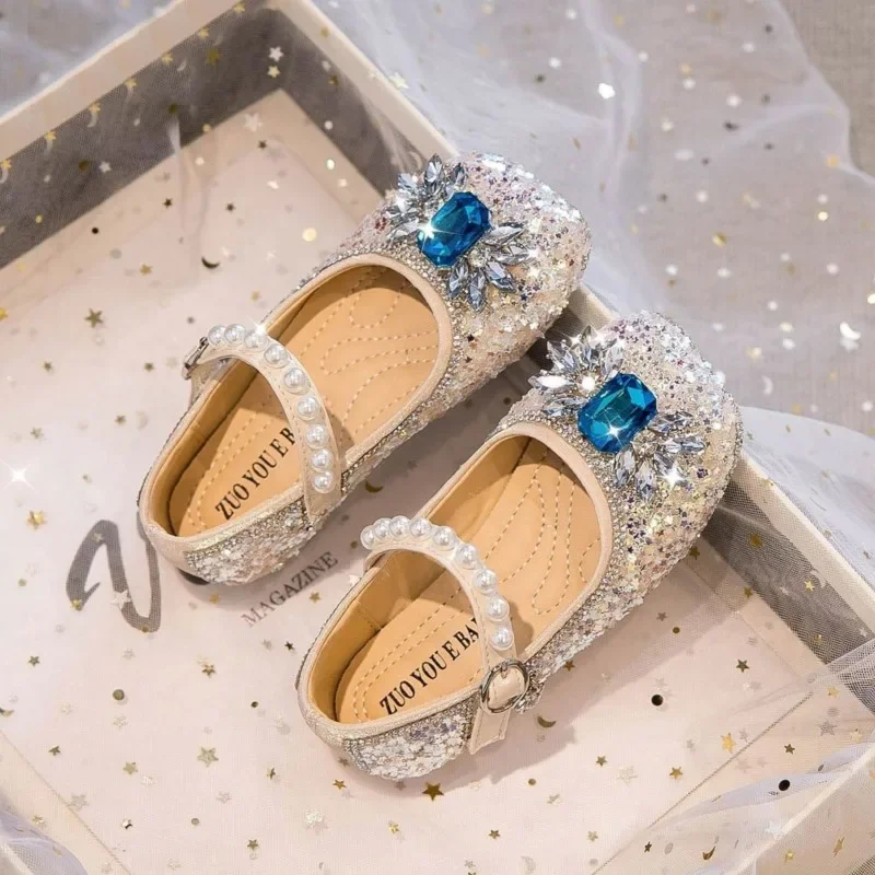 Girls Shoes Rhinestone Princess Shoe Pearls Mary Janes Wedding Shoe Dance Show Party Children Leather Shoes Autumn