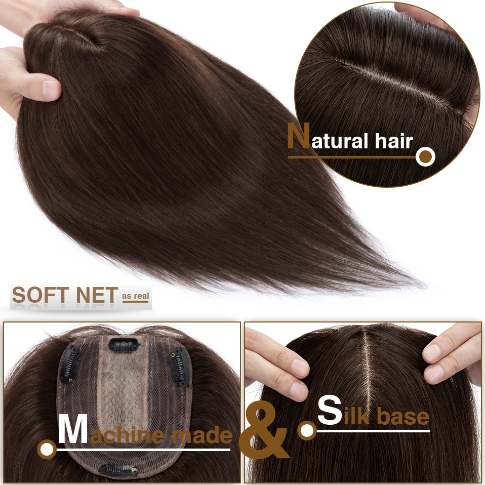 S-noilite 10x12cm Hair Toppers Hair Clips Natural Hair Wigs 100% Human Hair Women Topper Silk Base Wigs Clip In Hair Extension