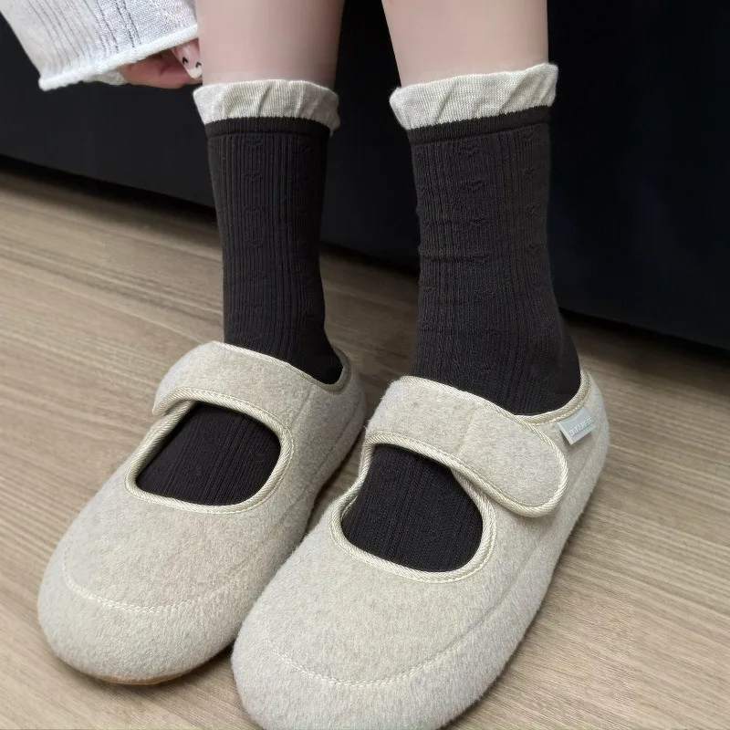 1 paire hiver marron coton chaussettes printemps automne mi-mollet longueur Coquette froufrous chaussettes blanc Slouch chaussettes pour les filles de haute qualité