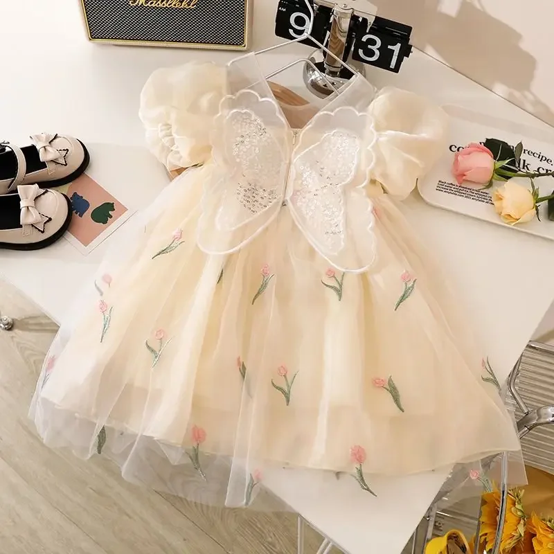 5602 Baby Girls Sequins Wing Embroidery Flowers Dress Girl Kids Beautiful Summer Dresses Birthday Vestidos Children Clothes