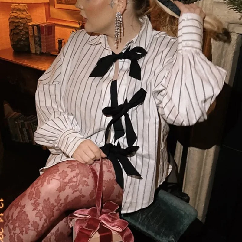 Talenza Women Striped Shirt Fashion Lapel Long Sleeve Hollow Bow Lace-up Cardigan Top 2025 New Chic High Street Printed Blouses