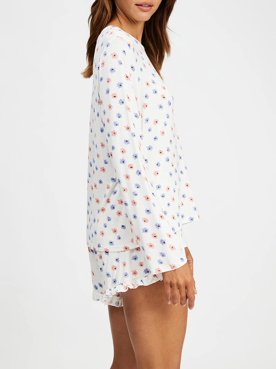 Ensemble pyjama 2 pièces Y2k pour femme, t-shirt à manches longues à volants floraux mignons, haut boutonné et short, pyjama, vêtements de détente pour le sommeil