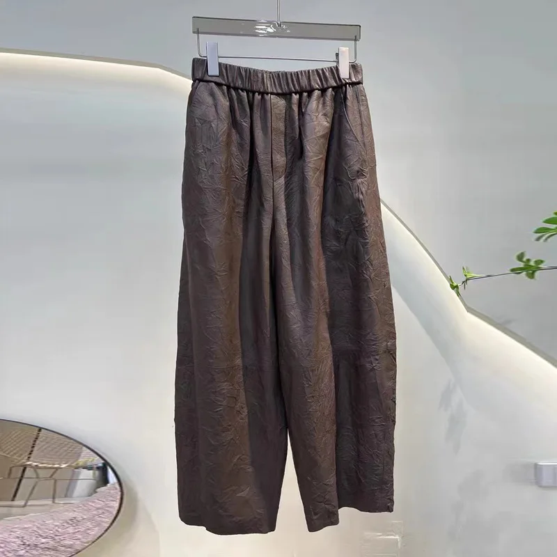 Genuine Leather Pants New Autumn Styles Wrinkled Granny Pants Casual Versatile Wide-leg Pants