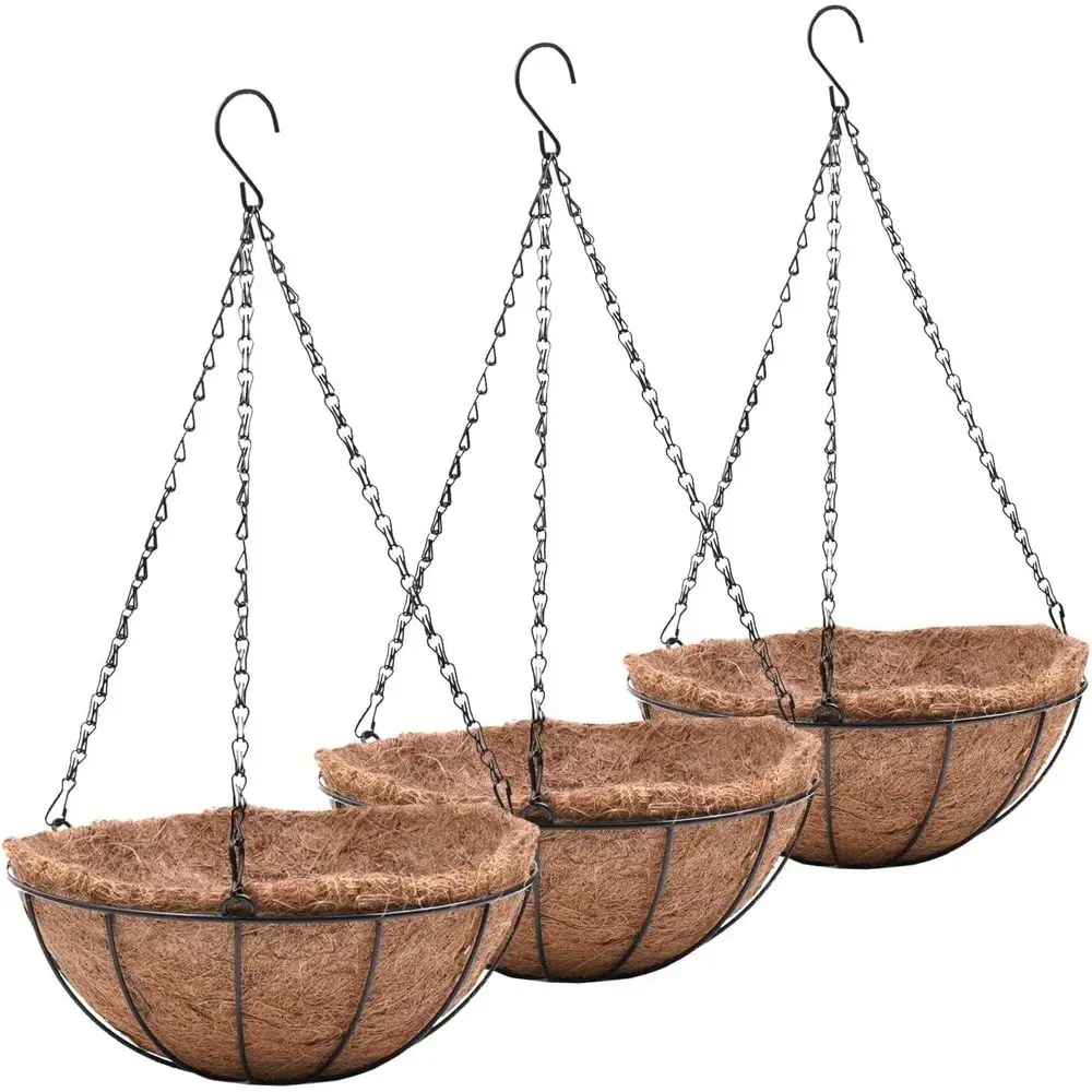 Set of 3 Metal Hanging Planters with 12 Inch Chain and Coconut Coir Liners for Outdoor Garden and Patio