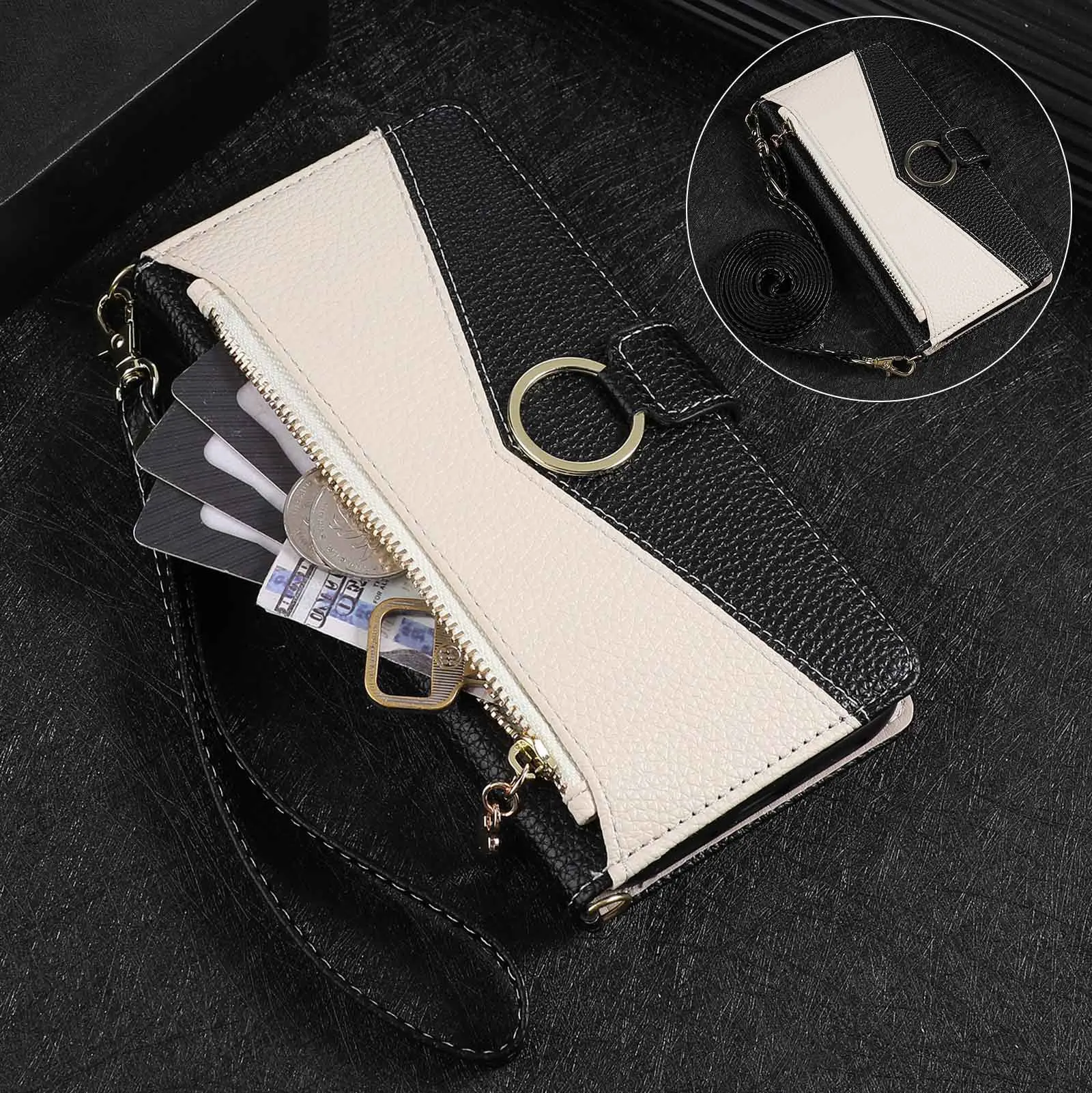 Suitable for Samsung A57, A37 wallet with zipper, artificial leather cover, A56 triangular composite phone case, A23 protection.