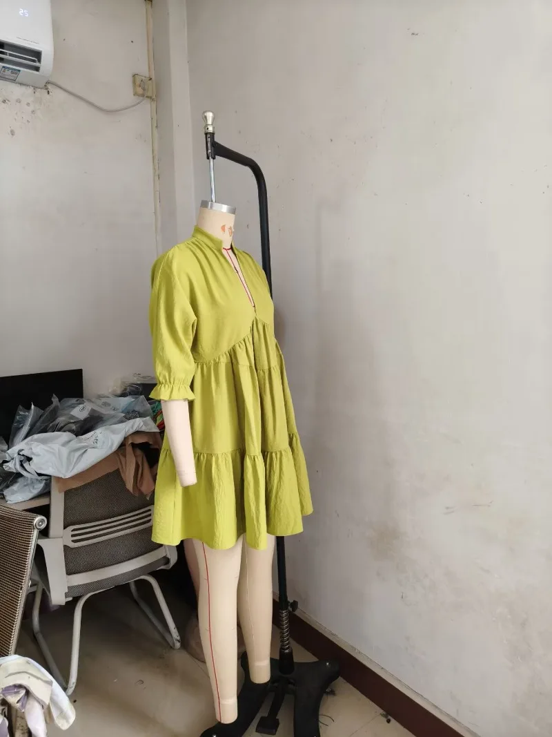 Feminino sólido babados solto casual a linha mini vestido sexy decote em v puff manga camadas plissado streetwear roupas de férias festa robe