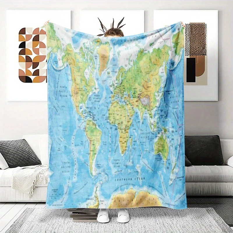 Bedruckte Flanelldecke mit Weltkarte – weich, ganzjährig, pädagogisches Geographie-Geschenk für Reisen, Camping, Couch-Dekoration