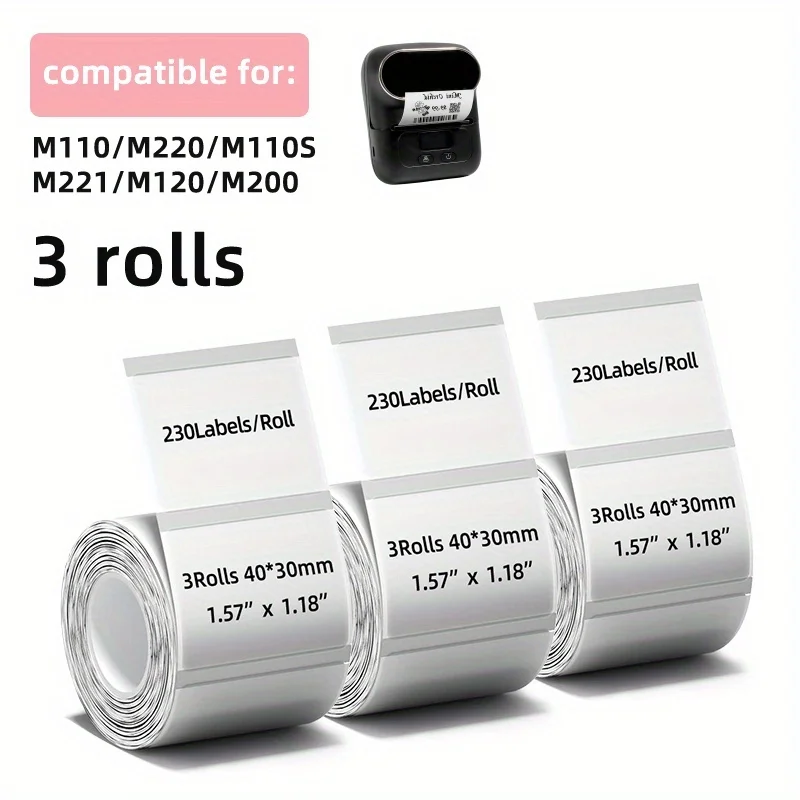 3 لفات 40 × 30 مم (3.99 سم × 3.0 سم) شريط ملصقات حراري شفاف - 230 قطعة/لفة، مقاوم للماء/الزيت، عبوة منزلية/تجارية