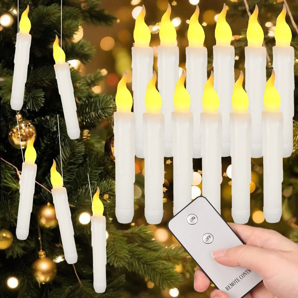 Floating LED Candles Flameless Taper Candles with Remote Flickering Hanging Electronic Candle for Halloween Christmas Tree Decor