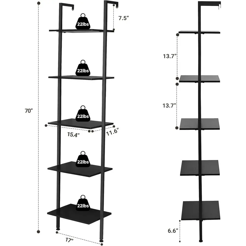 Vintage 5-Tier Metal Framed Wood Bookshelf - Wall Mounted Display Rack for Home & Office, Black