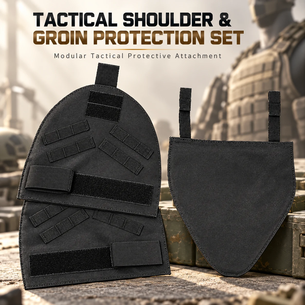Tactical Shoulder and Groin Protector Kit 3Pcs MOLLE Modular Vest Pads Hook and Loop Guard Set for Outdoor Training Cosplay Gear
