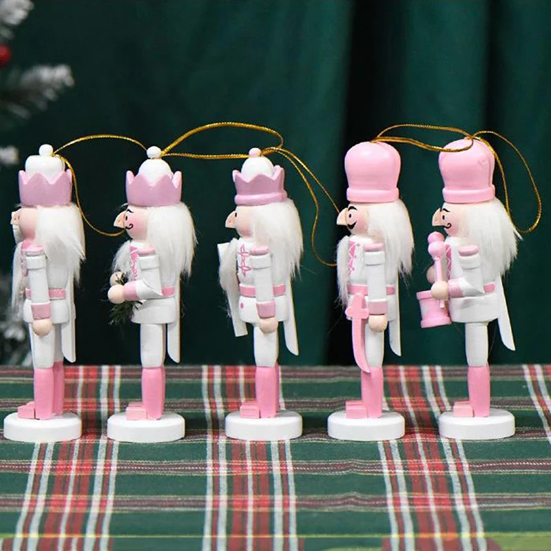 1Pc 13CM White&Pink Wooden Nutcracker Puppet Soldier Pendant Vintage Crafts Ornament Christmas New Year Home Decoration