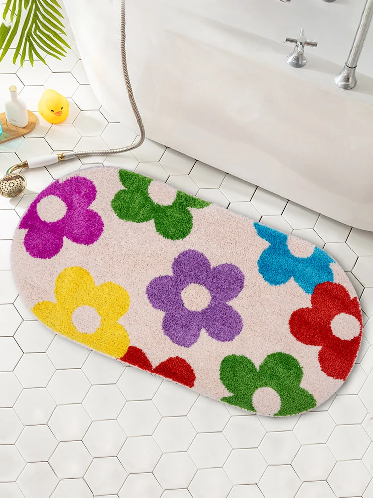 Oval y2k Tufted Rug Psychedelic Groovy Area Rug for Bathroom Girl's Bedroom Home Decor Fluffy Colorful Flower Carpet Bath Mat