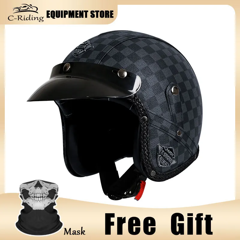 

Retro Helmet For Motorcycle PU Leather Open Face Helmets Jet helmet Cafe Racer Motorbike Scooter Casque Capacete