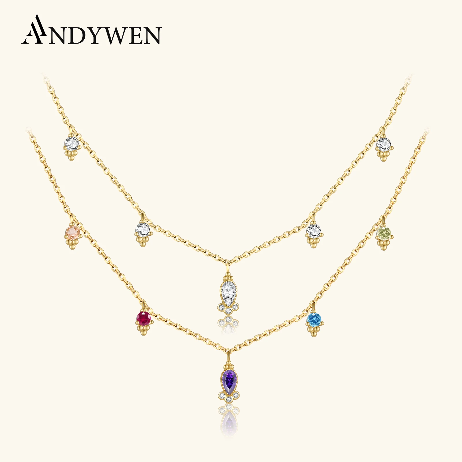 

ANDYWEN 925 Sterling Silver Gold Ovals Charm Choker 40CM Chain Necklace 2025 Rainbow CZ Luxury Women Wedding Gift Jewelry