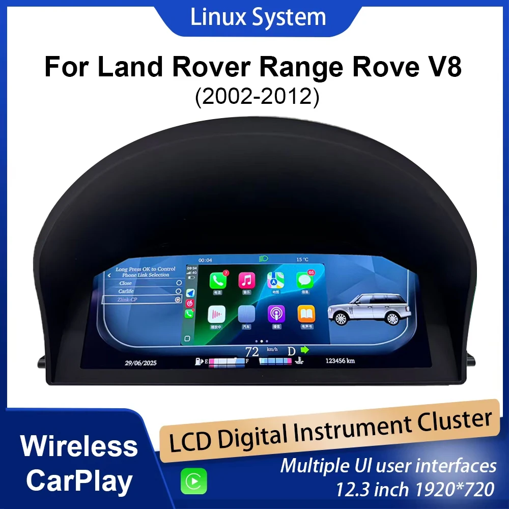 

Приборная панель с цифровым кластером для Land Rover Range Rove V8 2002-2012, беспроводной спидометр CarPlay, 12,3-дюймовый HD-экран