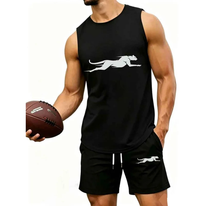Men's Minimalist Panther Print 2-Piece Tracksuit, Sleeveless Tank Top & Drawstring Shorts