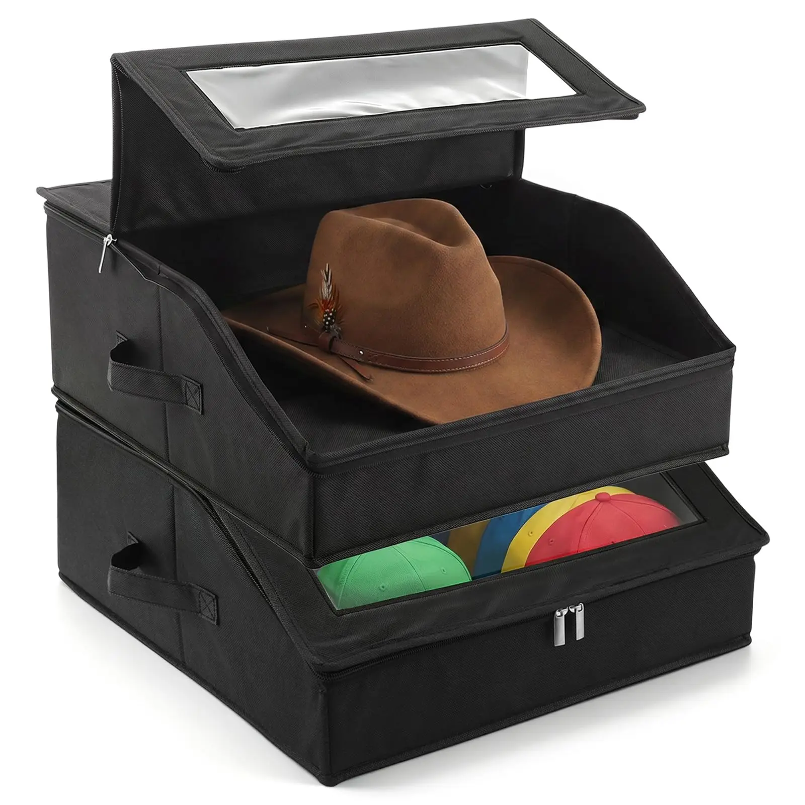 2 Pack Hat Storage for Baseball Caps, Holds Up to 48 Caps, Stackable Hat Organizer with Clear Window, Dustproof Storage Box