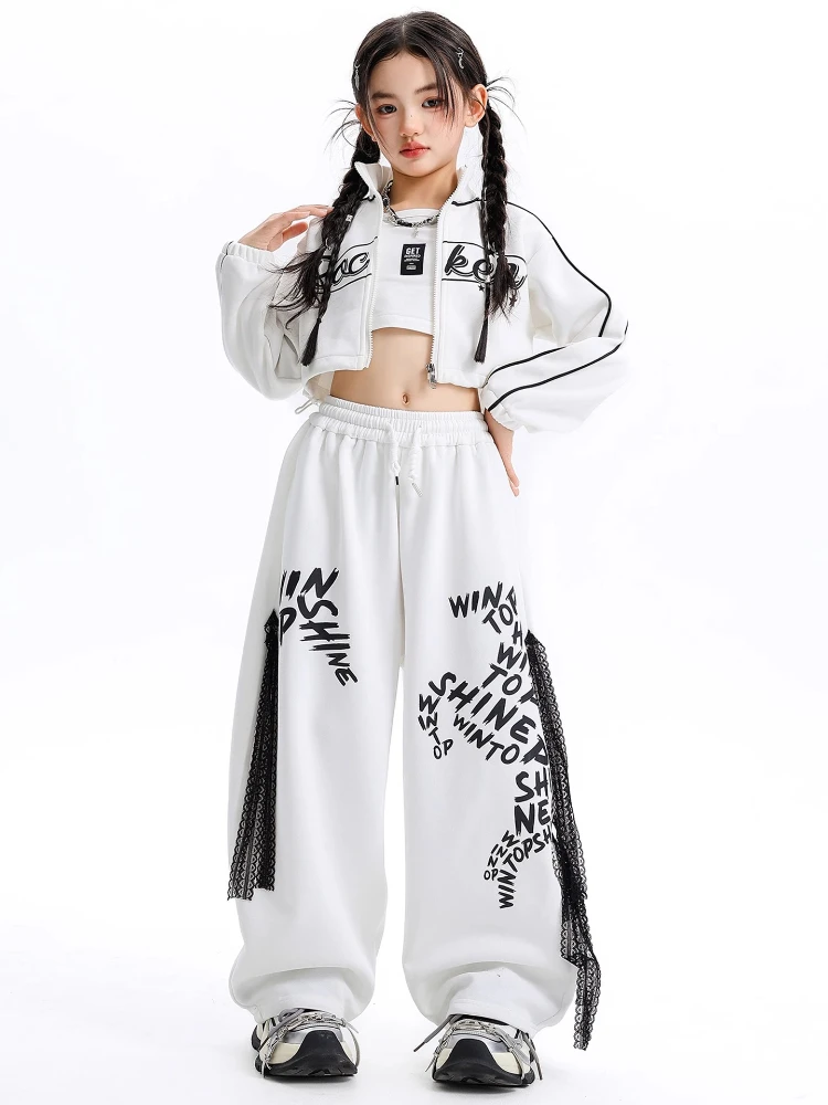 Neue Mädchen Jazz Dance Kleidung Set Hip Hop Kostüm Weiße Jacke Baggy Hosen Lange Ärmel Anzug Gruppe Breaking Street Dance Outfits
