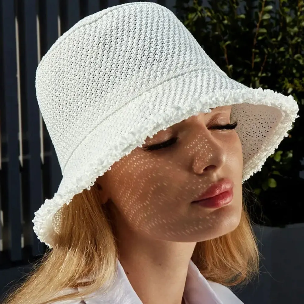 

Summer Straw Hat Women Sun Protection Bucket Hat Travel Beach Panama Caps Hand weaving Girl Fishing Chapeau Sun Hats
