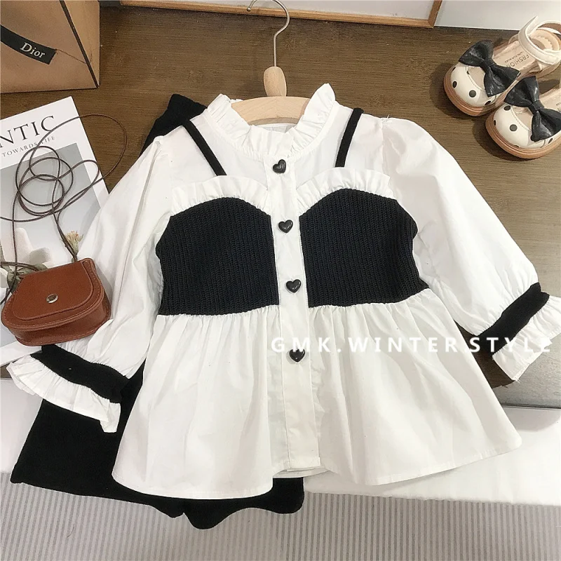 

Girls' Faux Two-Piece Shirt Flared Pants Spring Autumn Set New Little Girl Lace Stylish Shirt Trendy