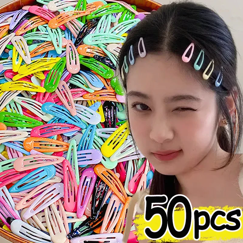 10/50pcs Sweet Waterdrop Snap Hair Clips Women Girls Cute Candy Color Metal BB Hairpins Barrettes Bobby Headwear Slid Pins