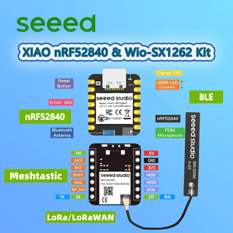 

Seeed XIAO nRF52840 & Wio-SX1262 Kit for Meshtastic, LoRa 862-930MHz,868MHZ,915MHz, Integrated Antenna,Bluetooth Microcontroller