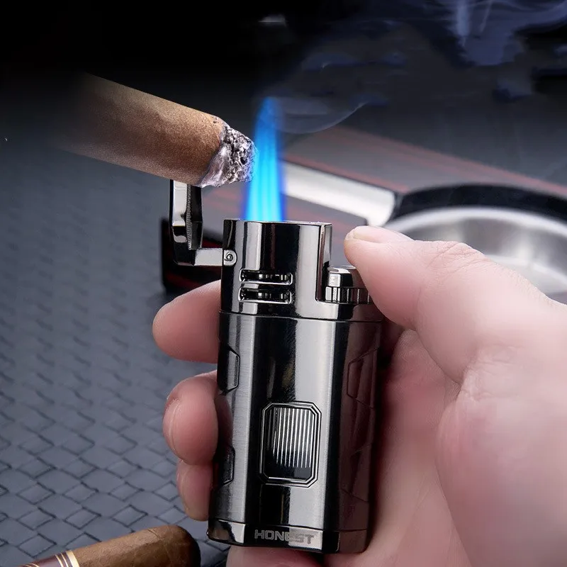 HONEST Metal Cigar Lighter Windproof Triple Jet Flame Torch Lighter with Cigar Puncher Butane Refillable Gas Lighter for Men