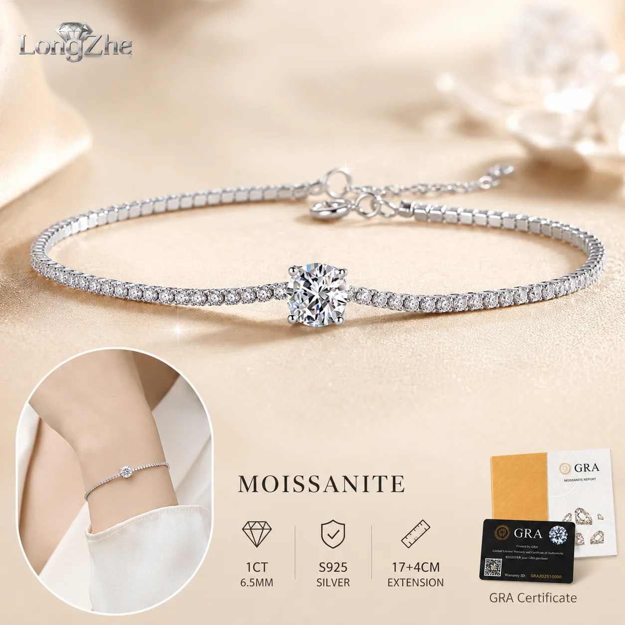 Moissanite Tennis Bracelet for Women 1CT 6.5mm Round Cut Solitaire S925 Sterling Silver Adjustable 17+4cm Anniversary Gift