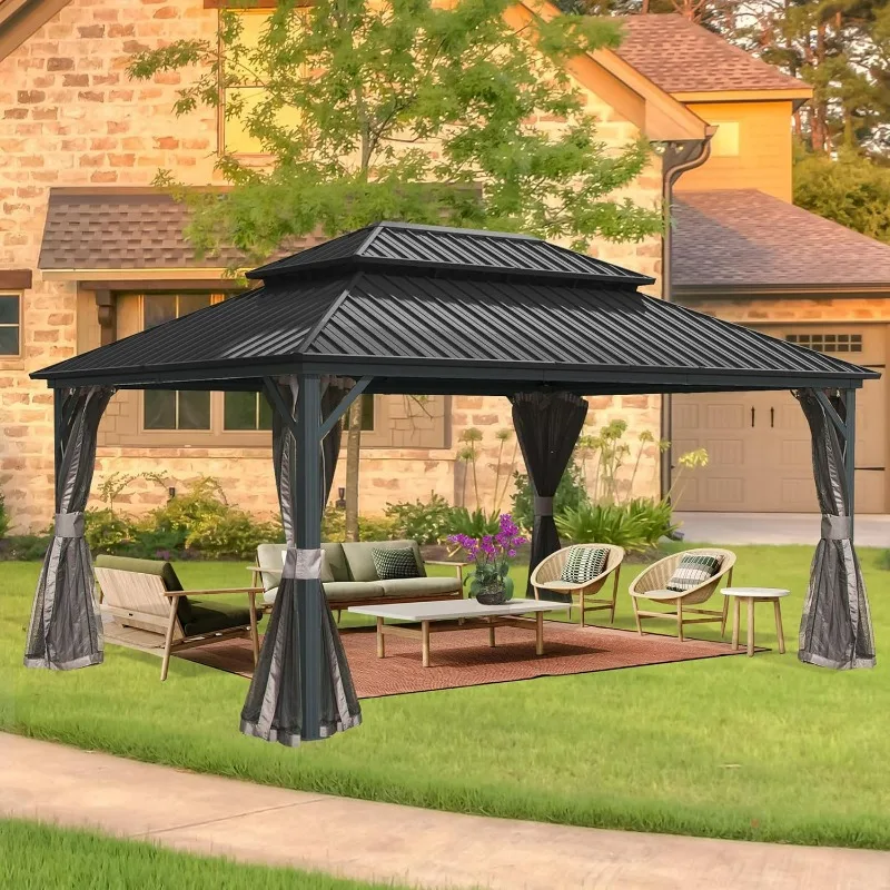 

12x16FT Hardtop Gazebo with Galvanized Steel Double Roof Canopy, Curtains and Netting Included, Metal Gazebo Permanent Pavilion