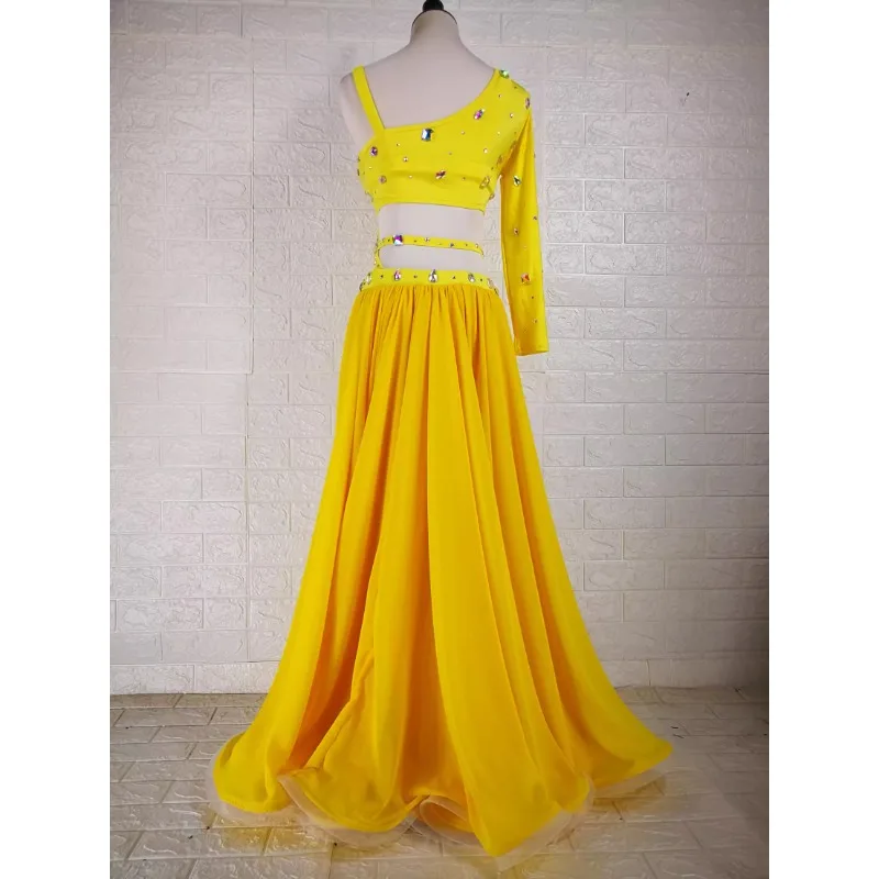 customized handmade custom performance costume belly dancewear set practice bellydance costume yellow bras tops long skirt