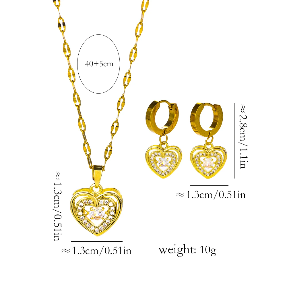 Cute Beating Heart Zircon Crystal Necklace Earrings For Women 18K Gold Plated Stainless Steel Jewelry Set Female Clavicle Chain