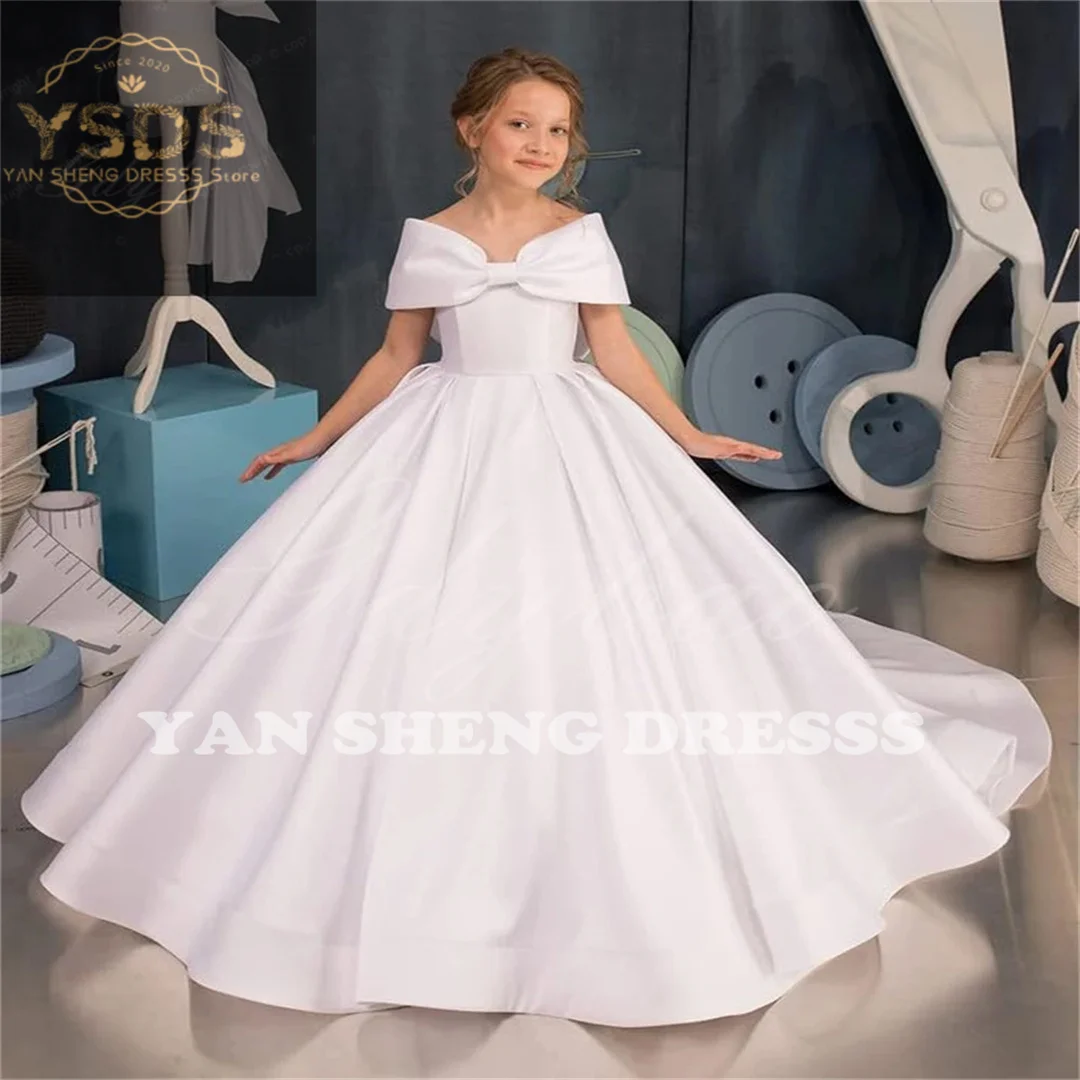 

Flower Girl Dress Off Shoulder Princess Dresses for Girls Satin Flower Girl Dresses for Wedding Ball Gown