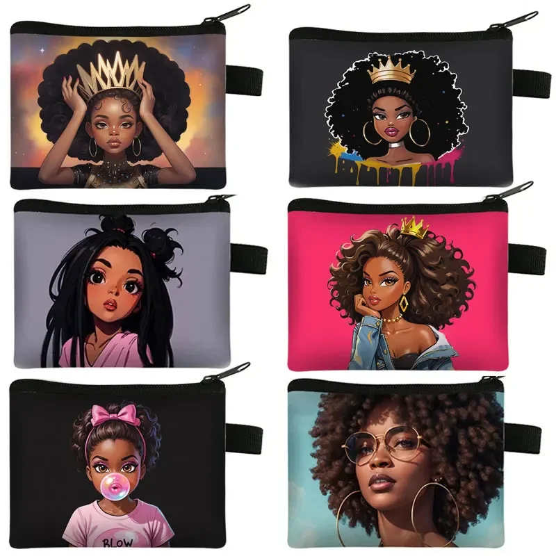 African Cartoon Girls Coin Purses Afro Black Women Wallet Earphone ID Credit Card Hold Jewelry Earrings Money Coin Bags Gift