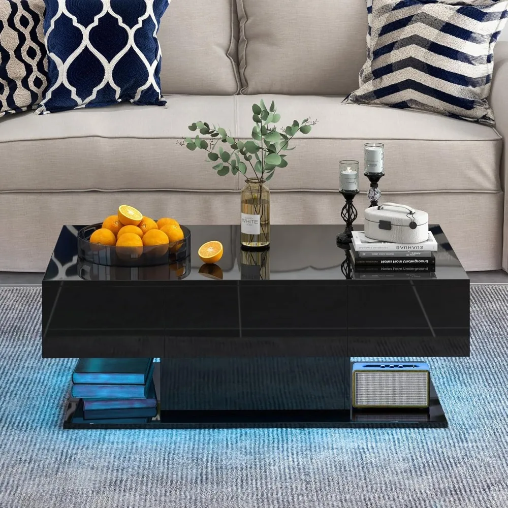 LED Coffee Table with 2 Drawers, High Glossy Modern Center Table, 20-Color Dimmable LED Lights & Remote Control, 2-Tier Rectang