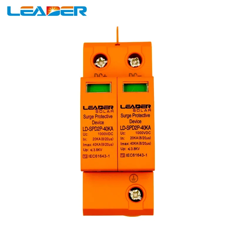 LEADER CE Approved 2P DC 500V 1000V 20-40KA SPD House Surge Protector Protective Arrester Device Din Rail Lightning Protection