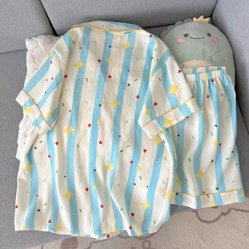 Summer Women's Printed Pajama Set V-neck Top and Shorts 2-piece Set, Casual and Comfortable Home Set, Can be worn externally