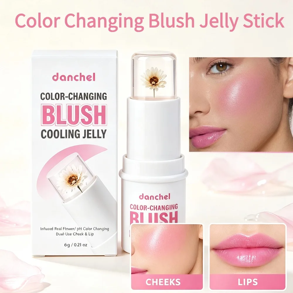 Clear Color Changing Blush Cooling Jelly Stick With Real Dried Flower PH Reactive Blush Dual Use Cheek Lip Makeup Stick For Girl