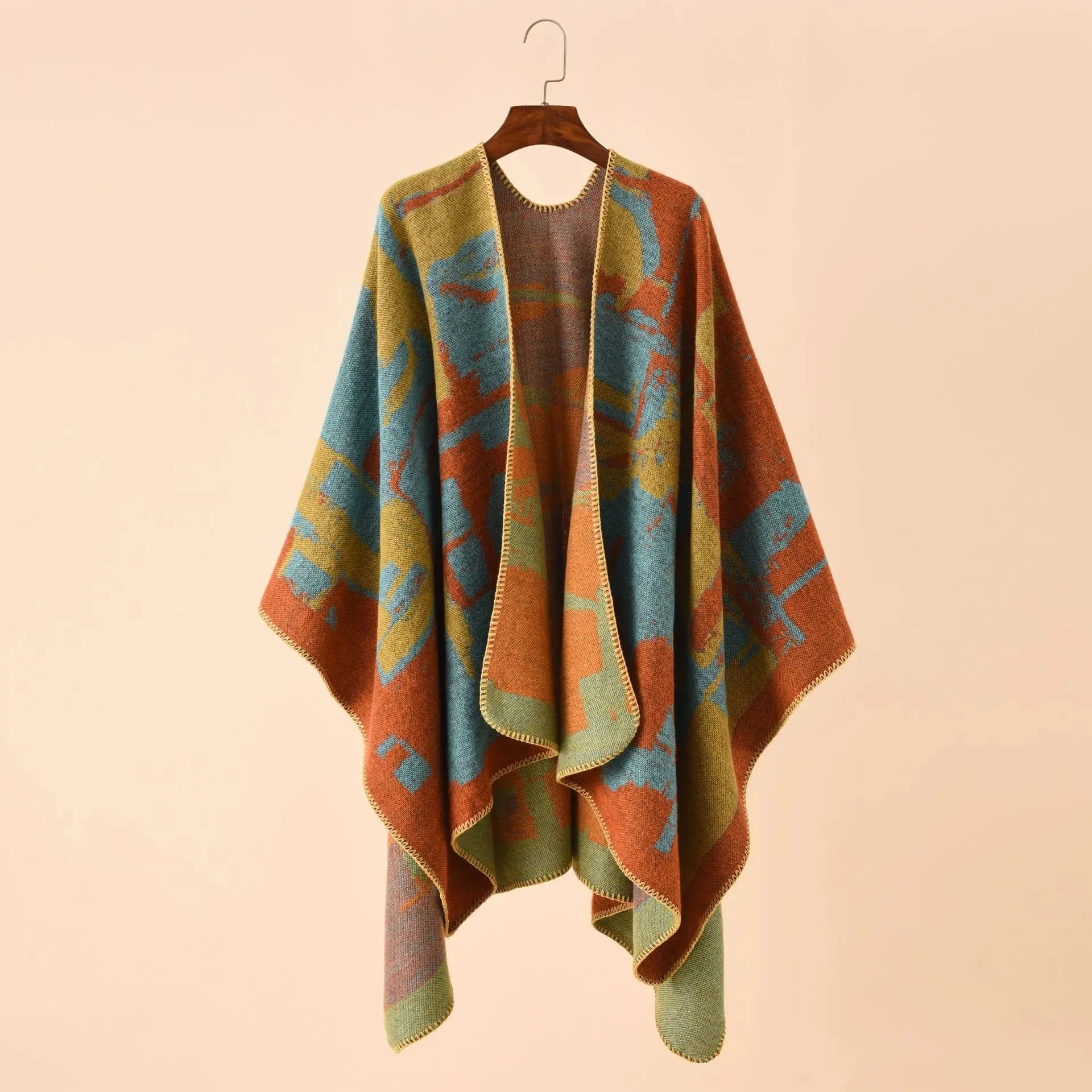 

2024 Autumn Winter Irregular Geometric Lattice Pattern Imitation Cashmere Shawl Air Conditioning Room Cloak Poncho Capes Orange