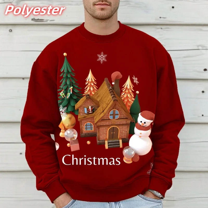 

3D Printed Santa Claus Hoodie For Men Christmas Tree Snowman Pattern Sweatshirt Long Sleeves Pullovers Casual Round Neck Hoodies