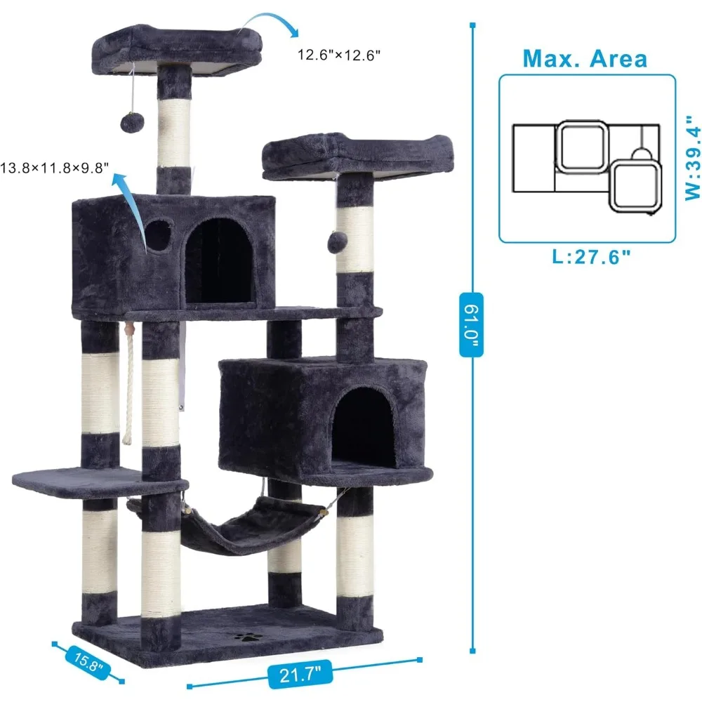 Multi-Level Cat Tree Condo Furniture with Sisal-Covered Scratching Post, Plush Condos, Perch Hammock for Kittens, Cat Tree Tower