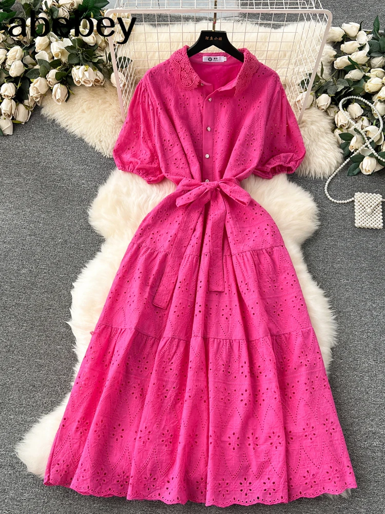 Autunno donna verde/arancione/bianco scava fuori il vestito Midi elegante scollo a v Puff manica corta a vita alta abito da festa femminile Vestido 2024