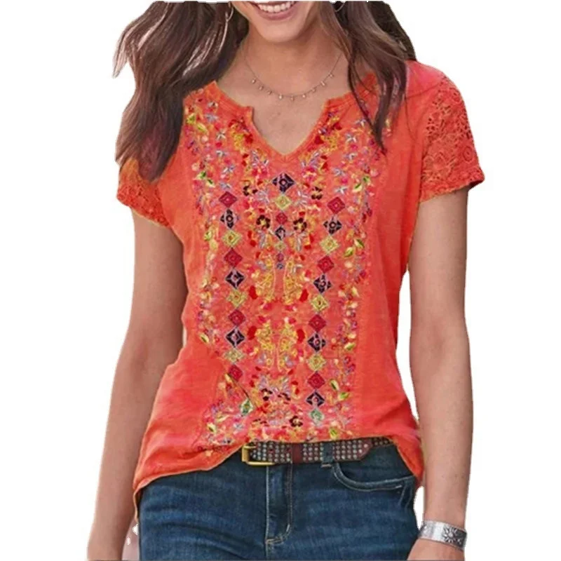 Camiseta holgada con estampado Floral para mujer Fre Sweet Sle ort Sve, longitud media, Dr, otro Material, Top Floral suave para mujer