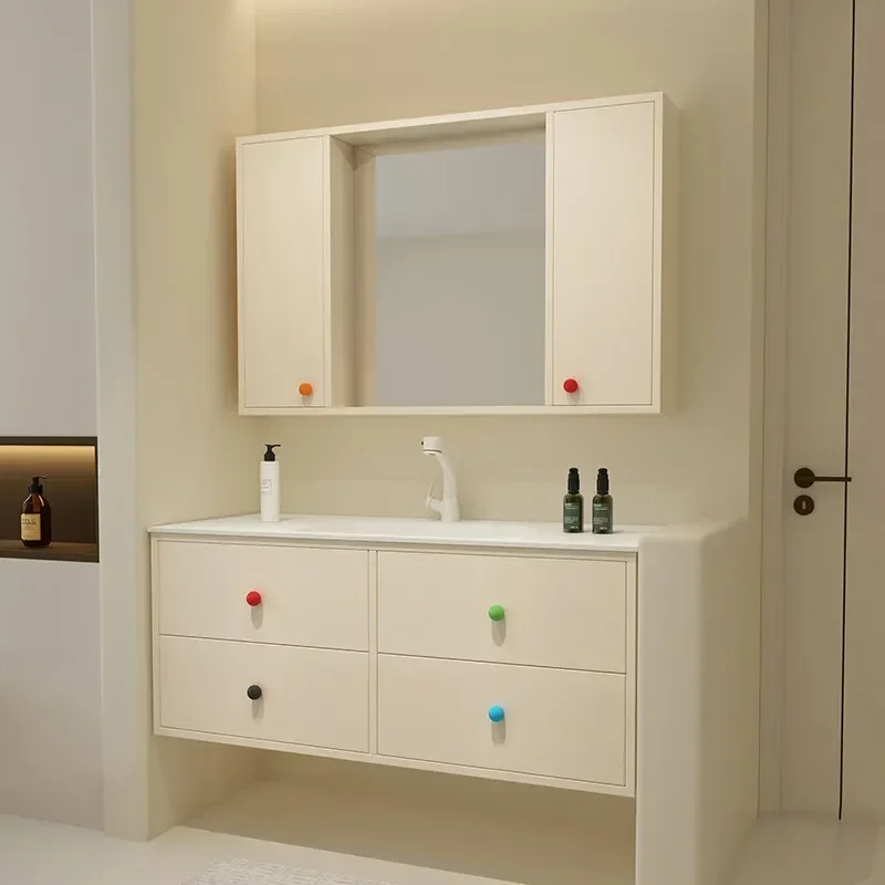 Bathroom Cabinet with Ceramic Integrated Basin and Mirror Storage Unit Modern Vanity Set for Toilet Washroom Home Decor