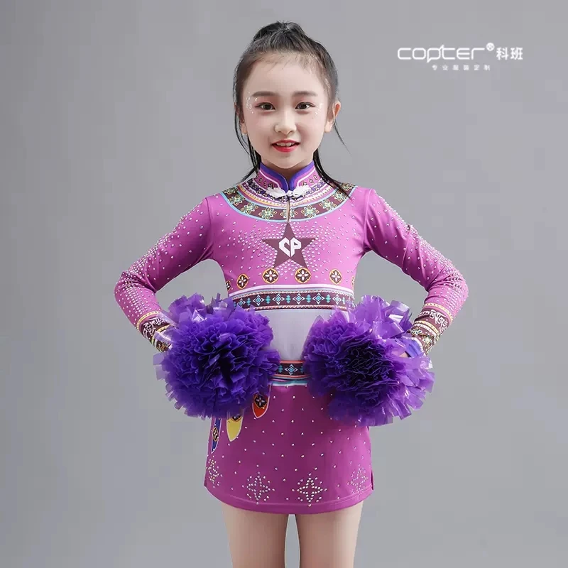 Custom Cheerleading Competition Uniforms Girl Gymnastics Kids Performance Team Uniforms Costumes With Flash Diamonds Flower Ball