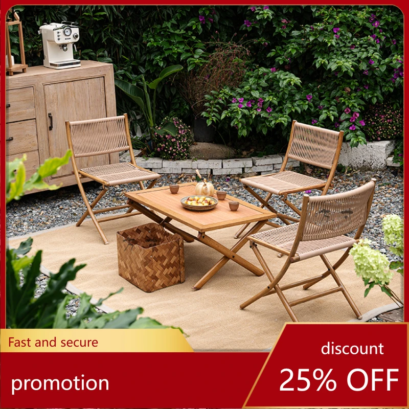 

ZMLoutdoor folding table and chair combination portable picnic camping leisure chair balcony courtyard rattan back chair