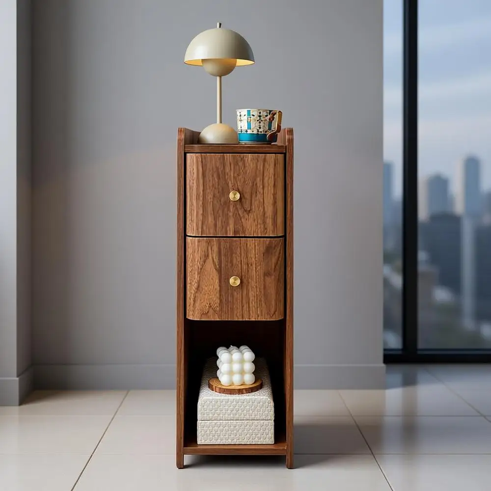 

Narrow End Table Bedroom, Wooden Small 2 Drawer Nightstand, Thin Couch Side End Table, Skinny Bedside Table Small Spaces, Mid Ce
