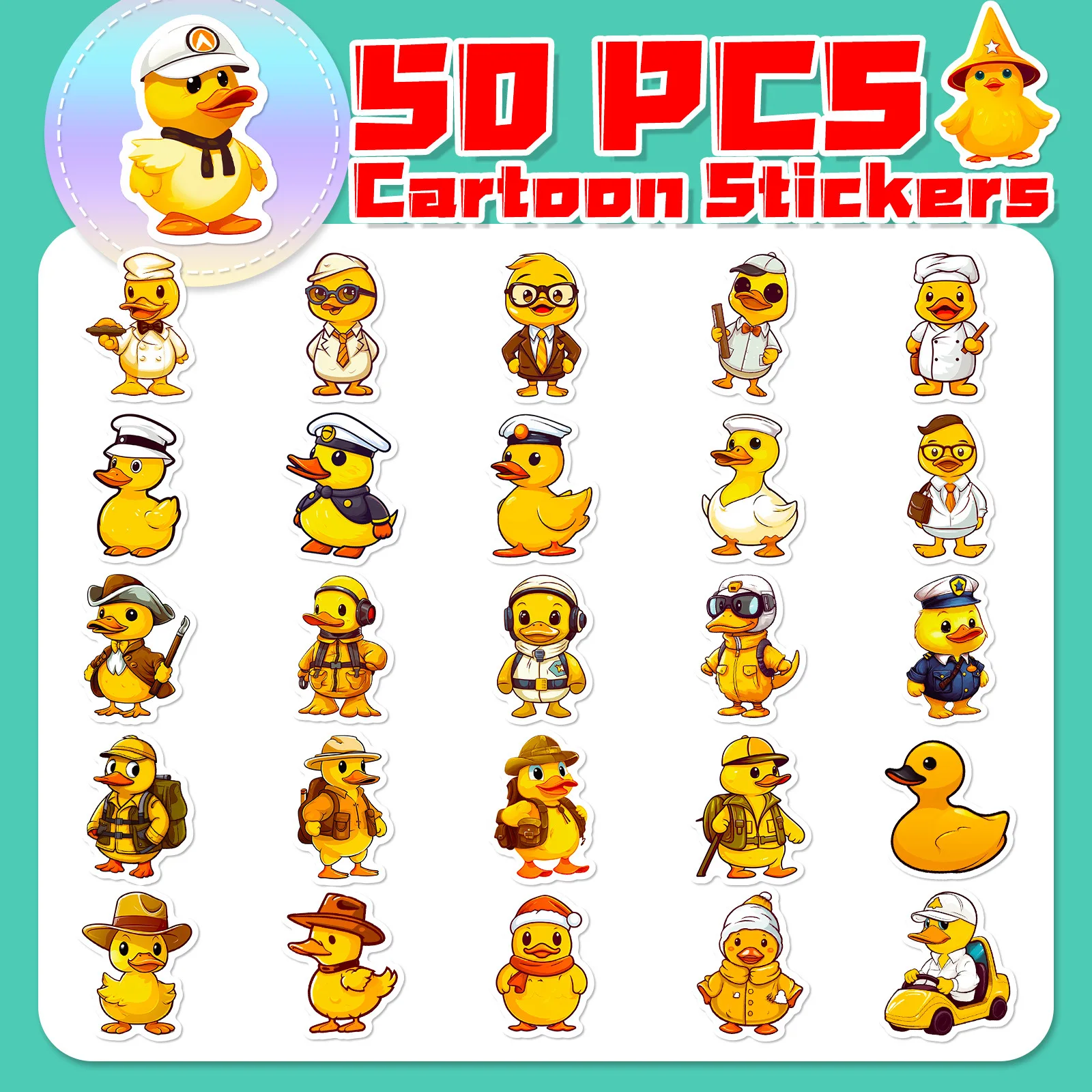 50pcs Duck Stickers,Cute Yellow Duck for Water Bottles phone