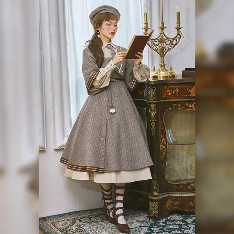 Coalfell Autumn and Winter Military Style Temperament Vintage Detective Woolen Dress with Tie Lolita 2023 New Edition